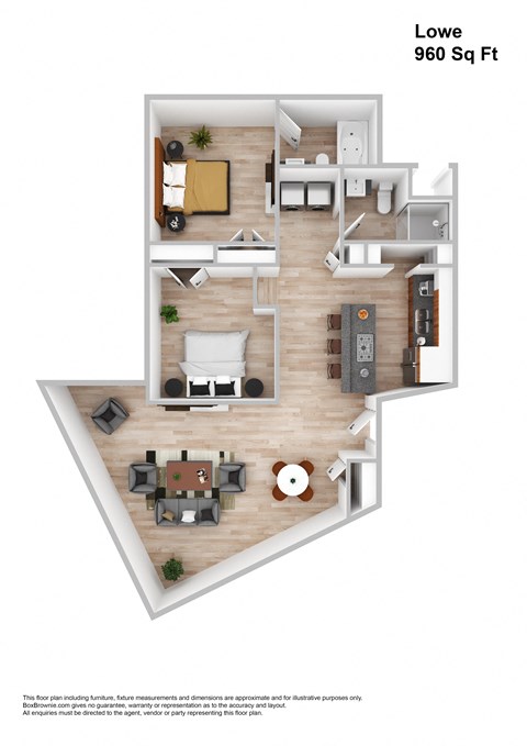 Floor plan for 2 beds, 2 baths, 960 sqft